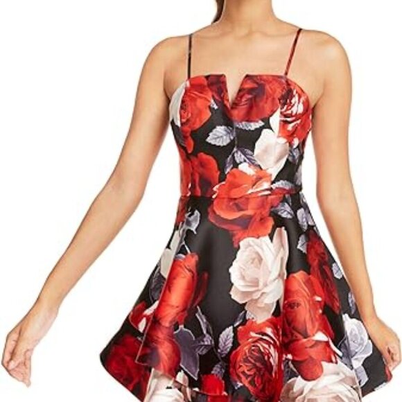 NWT 13 Trixxi Juniors Fit -Flare Red Black white Dress Floral Print - Picture 14 of 14